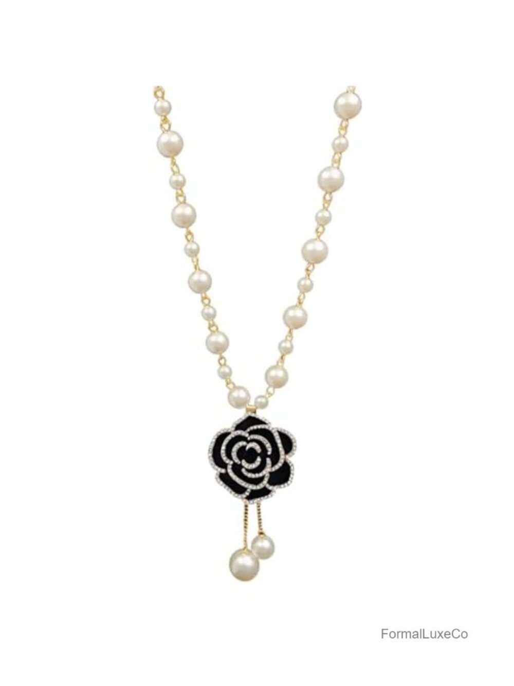 Vintage Rhinestone Pearl Rose Pendant Necklace, Long Chain, Lobster Clasp